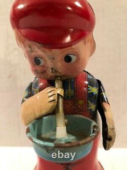 Vtg. 1960's Michanical Wind-up Bubble Blower Boy Tin Litho Marusan Japan Toy