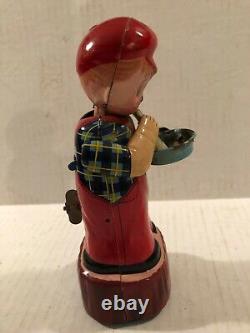 Vtg. 1960's Michanical Wind-up Bubble Blower Boy Tin Litho Marusan Japan Toy