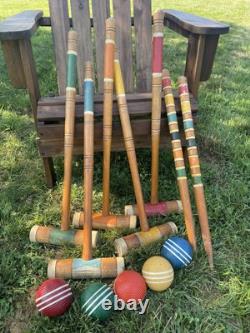 Vtg Croquet Set 5 Mallets And 5 Balls 2 Stakes Classic Wood Game Decor Display