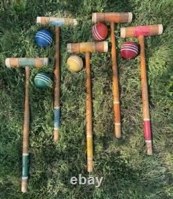 Vtg Croquet Set 5 Mallets And 5 Balls 2 Stakes Classic Wood Game Decor Display