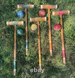 Vtg Croquet Set 5 Mallets And 5 Balls 2 Stakes Classic Wood Game Decor Display