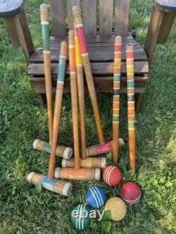 Vtg Croquet Set 5 Mallets And 5 Balls 2 Stakes Classic Wood Game Decor Display