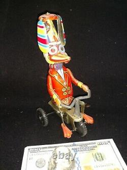 Wind Up Duck on a Tricycle with Propeller Hat Operational Vintage Tin Lithograph