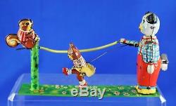 Wonderful Vintage Tps Japan Tin Litho Wind Up Dog Squirrel Bear Jumping Rope