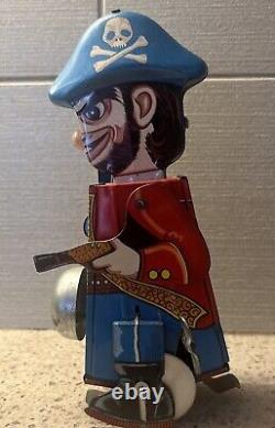 Yone 1960's Tin Litho Wind-Up Pirate. Goes Forward, Bell Rings, And Turns. OBO